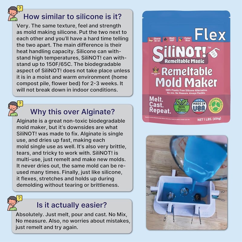 SiliNOT! Remeltable Silicone Mold Making Kit 16oz. - Easier Than Silicone Mold Maker. Reuse 30x, No Mix, Non-Toxic, Food-Contact Safe for Plaster, Resin, Epoxy, Chocolate, Wax & Soap Mold - Image 5